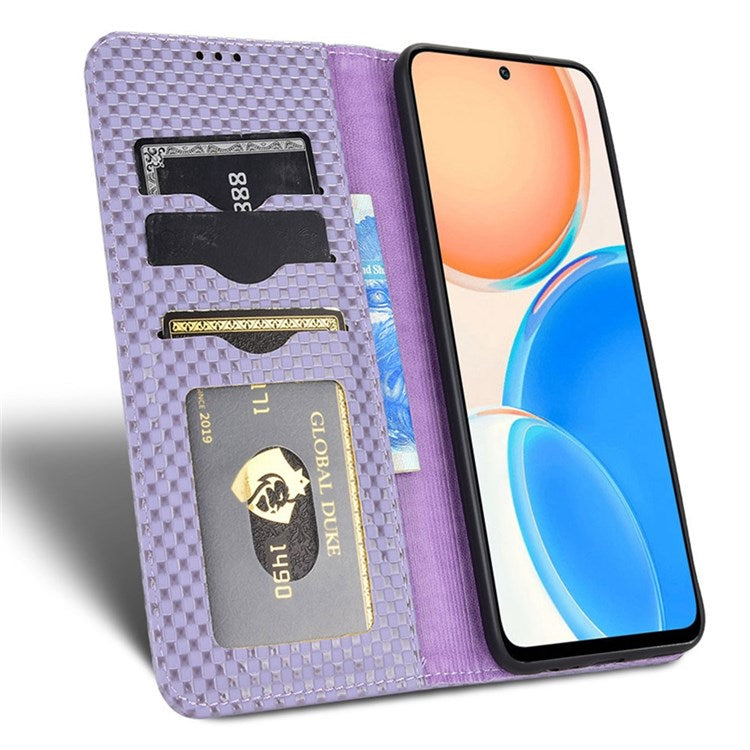 Wallet Phone Bag Case for Honor X8 4G, Imprinted Grid Texture Magnetic Auto-absorbed PU Leather Phone Cover - Light Purple