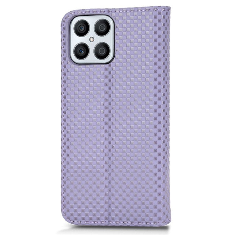 Wallet Phone Bag Case for Honor X8 4G, Imprinted Grid Texture Magnetic Auto-absorbed PU Leather Phone Cover - Light Purple