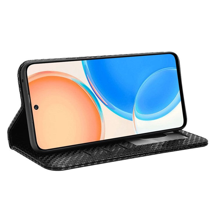 Wallet Phone Bag Case for Honor X8 4G, Imprinted Grid Texture Magnetic Auto-absorbed PU Leather Phone Cover - Black