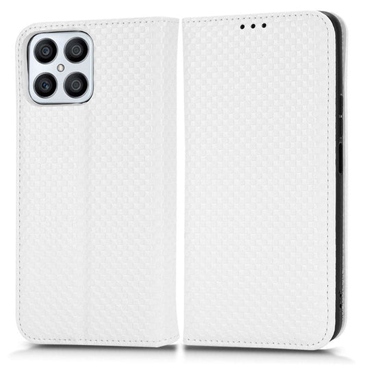 Wallet Phone Bag Case for Honor X8 4G, Imprinted Grid Texture Magnetic Auto-absorbed PU Leather Phone Cover - White