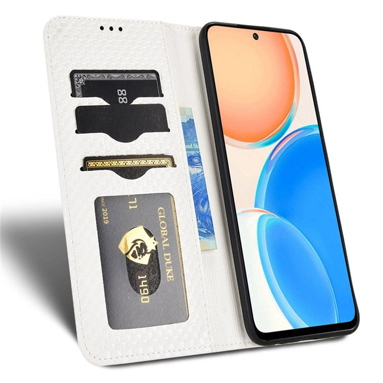 Wallet Phone Bag Case for Honor X8 4G, Imprinted Grid Texture Magnetic Auto-absorbed PU Leather Phone Cover - White