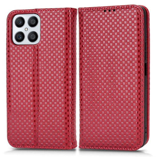 Wallet Phone Bag Case for Honor X8 4G, Imprinted Grid Texture Magnetic Auto-absorbed PU Leather Phone Cover - Wine Red