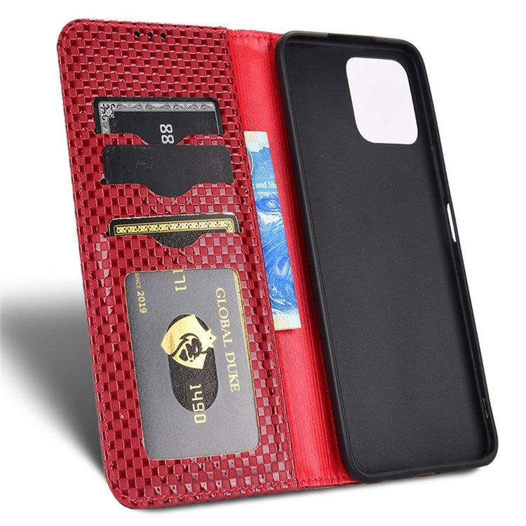Wallet Phone Bag Case for Honor X8 4G, Imprinted Grid Texture Magnetic Auto-absorbed PU Leather Phone Cover - Wine Red