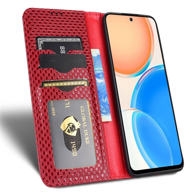 Wallet Phone Bag Case for Honor X8 4G, Imprinted Grid Texture Magnetic Auto-absorbed PU Leather Phone Cover - Wine Red
