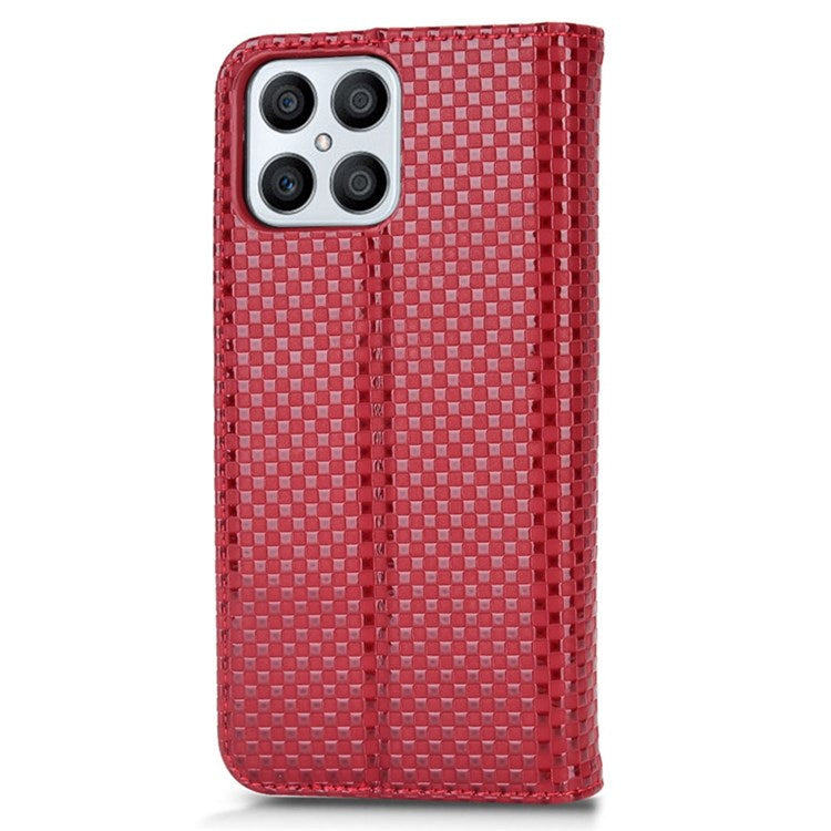 Wallet Phone Bag Case for Honor X8 4G, Imprinted Grid Texture Magnetic Auto-absorbed PU Leather Phone Cover - Wine Red