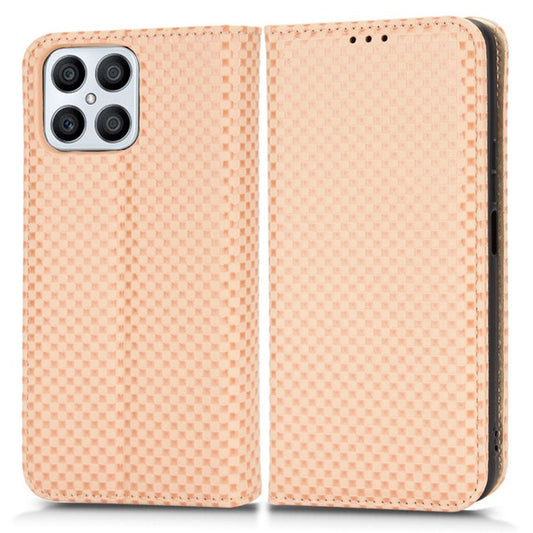 Wallet Phone Bag Case for Honor X8 4G, Imprinted Grid Texture Magnetic Auto-absorbed PU Leather Phone Cover - Beige