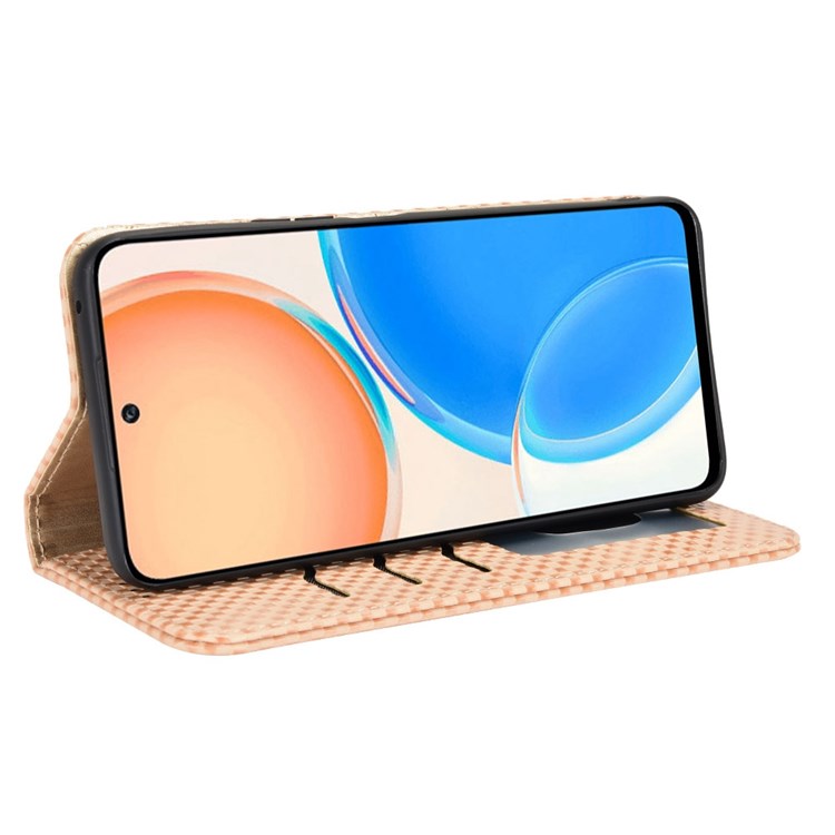 Wallet Phone Bag Case for Honor X8 4G, Imprinted Grid Texture Magnetic Auto-absorbed PU Leather Phone Cover - Beige