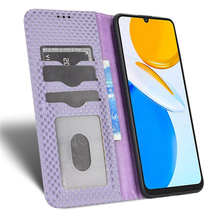 For Honor X7 Strong Magnetic Auto-absorbed Grid Texture PU Leather Stand Cell Phone Case Wallet Cover - Light Purple