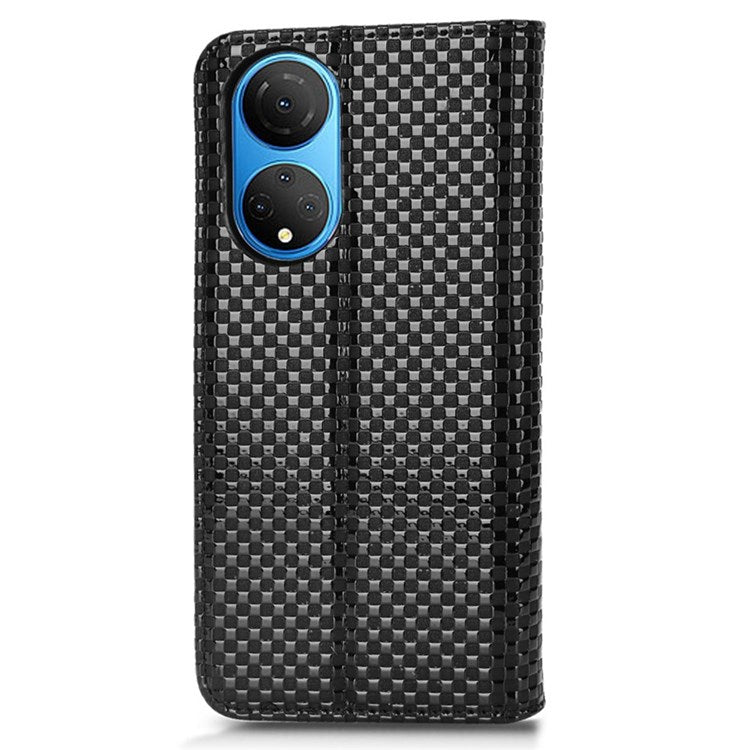 For Honor X7 Strong Magnetic Auto-absorbed Grid Texture PU Leather Stand Cell Phone Case Wallet Cover - Black