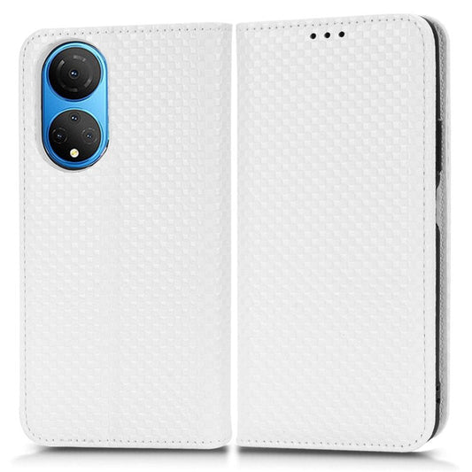 For Honor X7 Strong Magnetic Auto-absorbed Grid Texture PU Leather Stand Cell Phone Case Wallet Cover - White