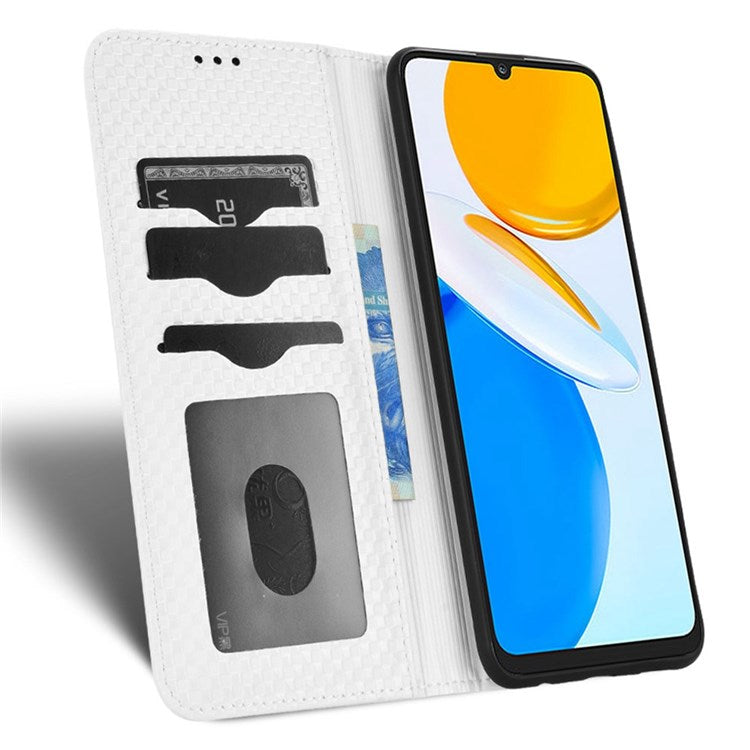 For Honor X7 Strong Magnetic Auto-absorbed Grid Texture PU Leather Stand Cell Phone Case Wallet Cover - White