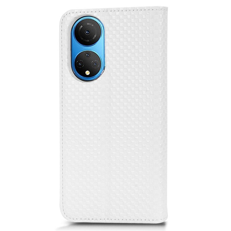 For Honor X7 Strong Magnetic Auto-absorbed Grid Texture PU Leather Stand Cell Phone Case Wallet Cover - White