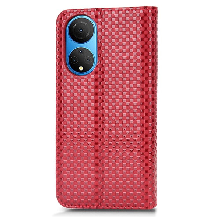 For Honor X7 Strong Magnetic Auto-absorbed Grid Texture PU Leather Stand Cell Phone Case Wallet Cover - Wine Red