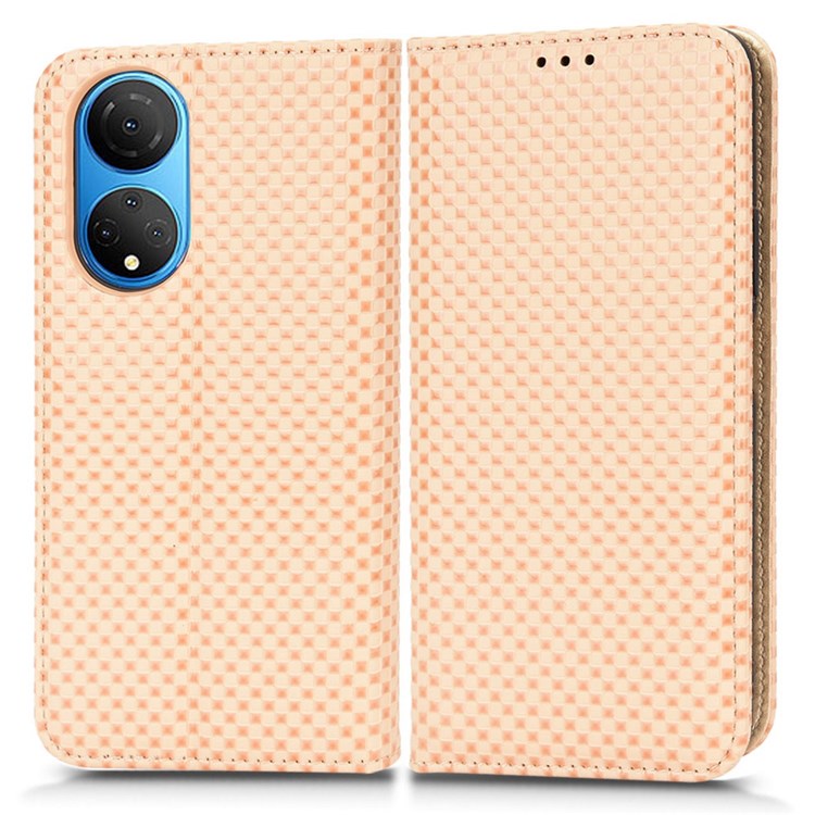 For Honor X7 Strong Magnetic Auto-absorbed Grid Texture PU Leather Stand Cell Phone Case Wallet Cover - Beige