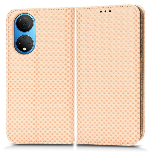 For Honor X7 Strong Magnetic Auto-absorbed Grid Texture PU Leather Stand Cell Phone Case Wallet Cover - Beige