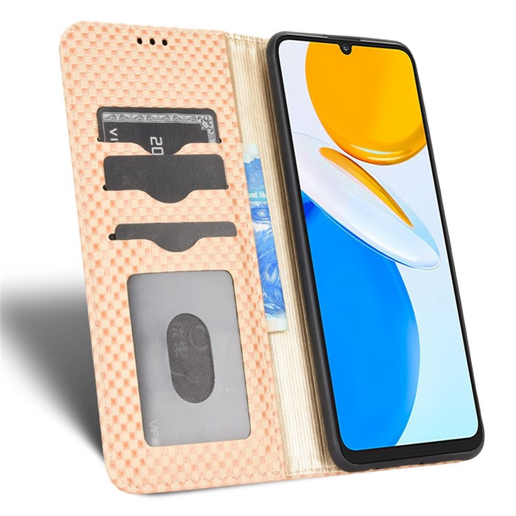 For Honor X7 Strong Magnetic Auto-absorbed Grid Texture PU Leather Stand Cell Phone Case Wallet Cover - Beige