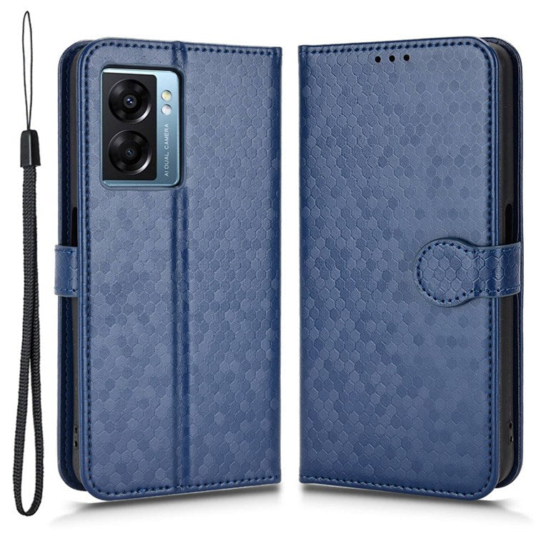 For Realme Narzo 50 5G / V23 5G / Oppo A57 (2022) 5G / A77 5G / OnePlus Nord N300 5G Cell Phone Shell Bag Imprinted Dot Pattern PU Leather Wallet Stand Folio Phone Case - Dark Blue