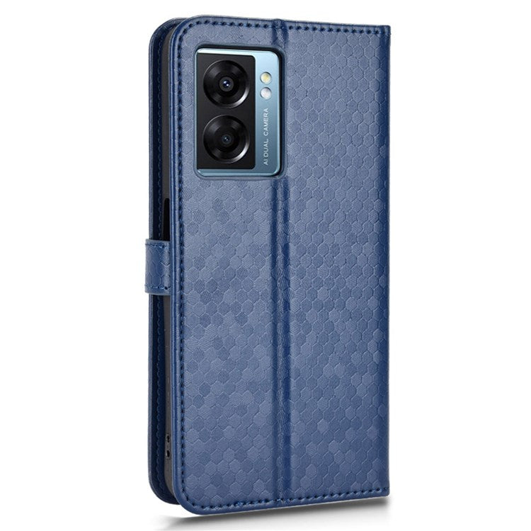 For Realme Narzo 50 5G / V23 5G / Oppo A57 (2022) 5G / A77 5G / OnePlus Nord N300 5G Cell Phone Shell Bag Imprinted Dot Pattern PU Leather Wallet Stand Folio Phone Case - Dark Blue