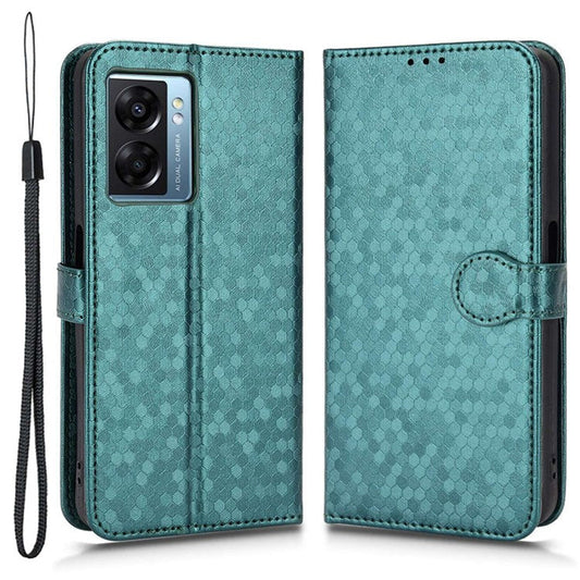 For Realme Narzo 50 5G / V23 5G / Oppo A57 (2022) 5G / A77 5G / OnePlus Nord N300 5G Cell Phone Shell Bag Imprinted Dot Pattern PU Leather Wallet Stand Folio Phone Case - Green