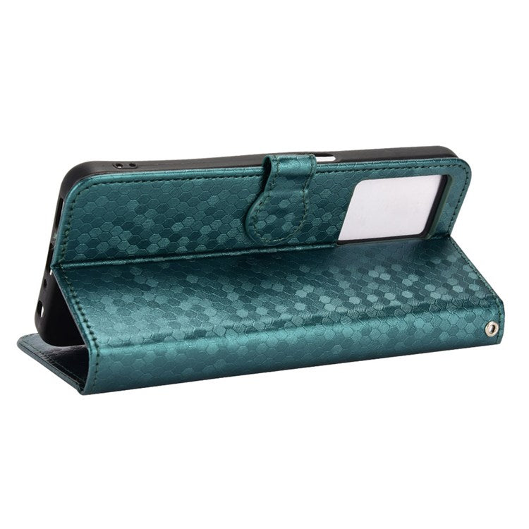 For Realme Narzo 50 5G / V23 5G / Oppo A57 (2022) 5G / A77 5G / OnePlus Nord N300 5G Cell Phone Shell Bag Imprinted Dot Pattern PU Leather Wallet Stand Folio Phone Case - Green