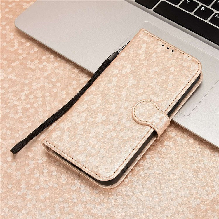 For Realme Narzo 50 5G / V23 5G / Oppo A57 (2022) 5G / A77 5G / OnePlus Nord N300 5G Cell Phone Shell Bag Imprinted Dot Pattern PU Leather Wallet Stand Folio Phone Case - Rose Gold