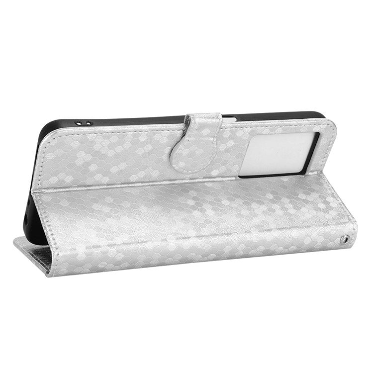For Realme Narzo 50 5G / V23 5G / Oppo A57 (2022) 5G / A77 5G / OnePlus Nord N300 5G Cell Phone Shell Bag Imprinted Dot Pattern PU Leather Wallet Stand Folio Phone Case - Silver