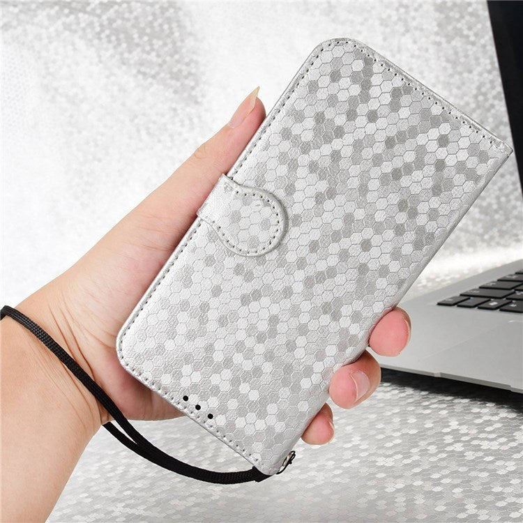 For Realme Narzo 50 5G / V23 5G / Oppo A57 (2022) 5G / A77 5G / OnePlus Nord N300 5G Cell Phone Shell Bag Imprinted Dot Pattern PU Leather Wallet Stand Folio Phone Case - Silver