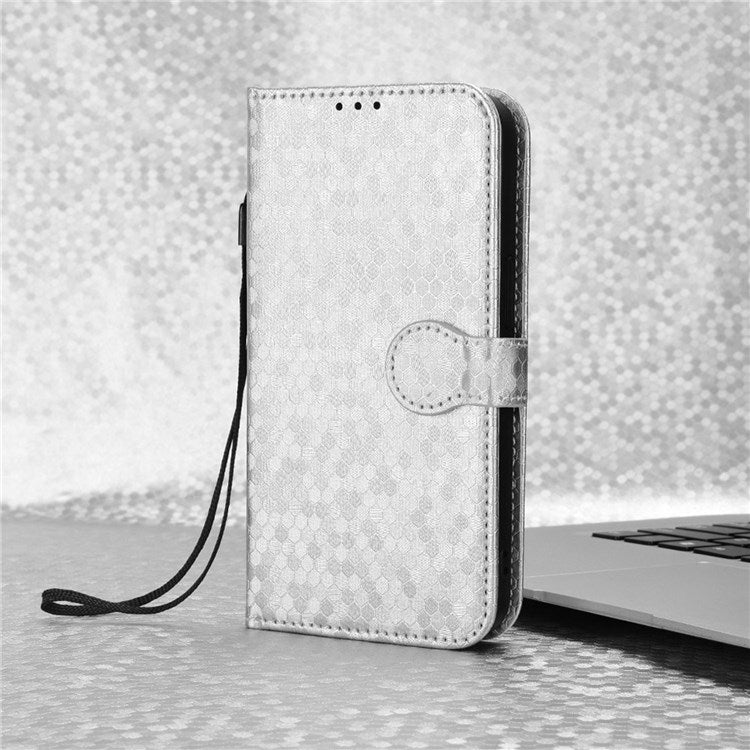 For Realme Narzo 50 5G / V23 5G / Oppo A57 (2022) 5G / A77 5G / OnePlus Nord N300 5G Cell Phone Shell Bag Imprinted Dot Pattern PU Leather Wallet Stand Folio Phone Case - Silver
