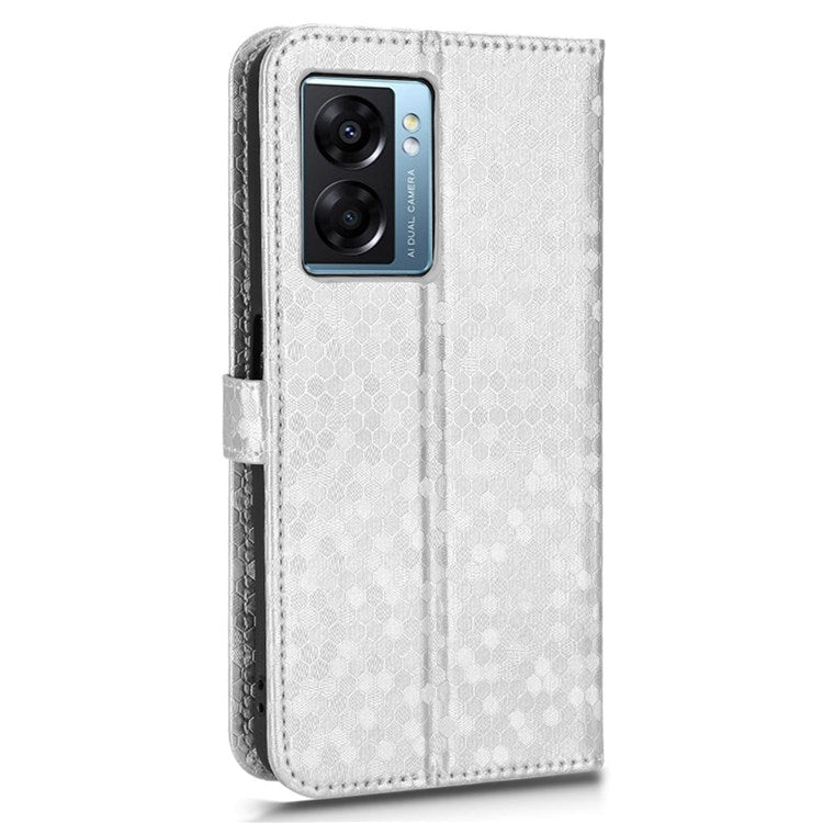 For Realme Narzo 50 5G / V23 5G / Oppo A57 (2022) 5G / A77 5G / OnePlus Nord N300 5G Cell Phone Shell Bag Imprinted Dot Pattern PU Leather Wallet Stand Folio Phone Case - Silver