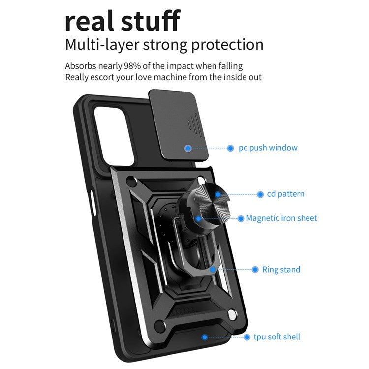 For Oppo A74 5G Multifunction Kickstand PC + TPU Hybrid Cover Slide Camera Protection Phone Case - Black