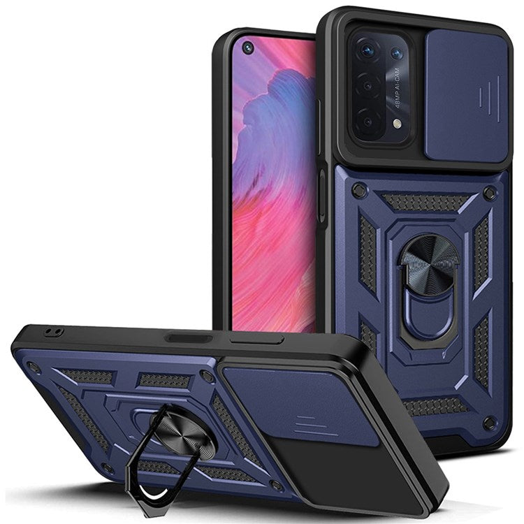For Oppo A74 5G Multifunction Kickstand PC + TPU Hybrid Cover Slide Camera Protection Phone Case - Blue