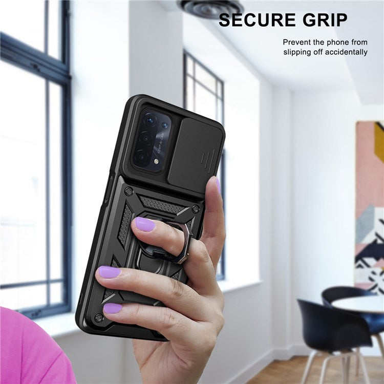 For Oppo A74 5G Multifunction Kickstand PC + TPU Hybrid Cover Slide Camera Protection Phone Case - Blue