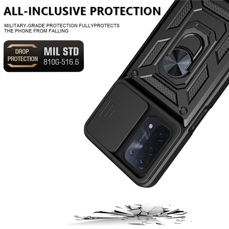 For Oppo A74 5G Multifunction Kickstand PC + TPU Hybrid Cover Slide Camera Protection Phone Case - Silver