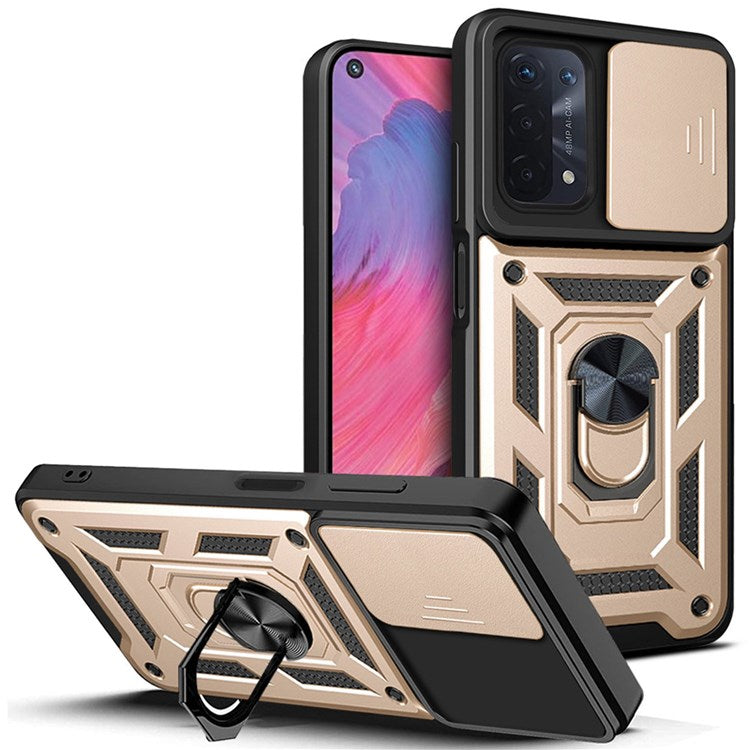 For Oppo A74 5G Multifunction Kickstand PC + TPU Hybrid Cover Slide Camera Protection Phone Case - Gold
