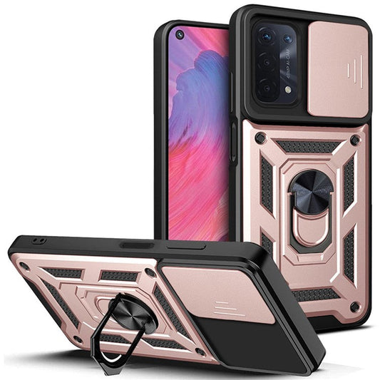 For Oppo A74 5G Multifunction Kickstand PC + TPU Hybrid Cover Slide Camera Protection Phone Case - Rose Gold