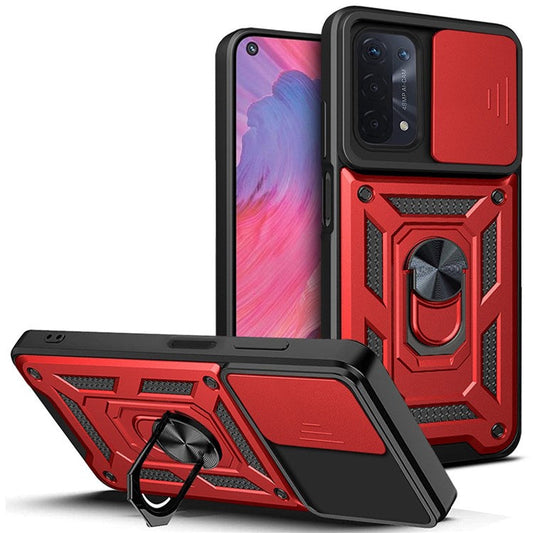 For Oppo A74 5G Multifunction Kickstand PC + TPU Hybrid Cover Slide Camera Protection Phone Case - Red