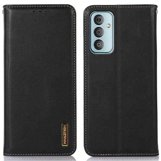 KHAZNEH For Samsung Galaxy M13 4G Genuine Cowhide Leather Nappa Texture Folio Flip Case Phone Wallet Stand Cover - Black