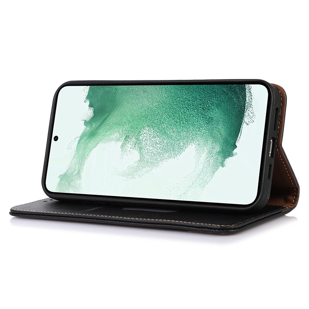 KHAZNEH For Samsung Galaxy M13 4G Genuine Cowhide Leather Nappa Texture Folio Flip Case Phone Wallet Stand Cover - Black