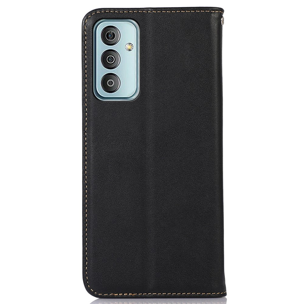 KHAZNEH For Samsung Galaxy M13 4G Genuine Cowhide Leather Nappa Texture Folio Flip Case Phone Wallet Stand Cover - Black