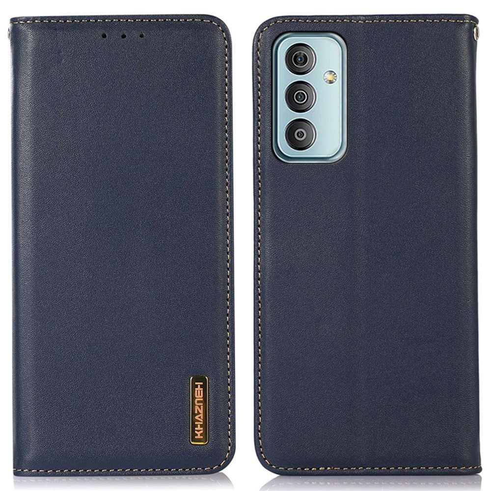 KHAZNEH For Samsung Galaxy M13 4G Genuine Cowhide Leather Nappa Texture Folio Flip Case Phone Wallet Stand Cover - Blue