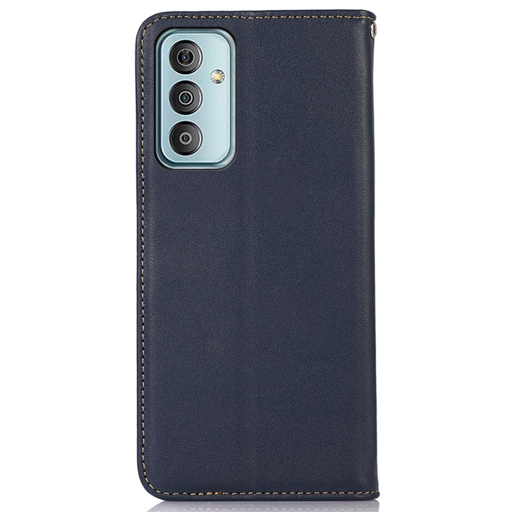 KHAZNEH For Samsung Galaxy M13 4G Genuine Cowhide Leather Nappa Texture Folio Flip Case Phone Wallet Stand Cover - Blue
