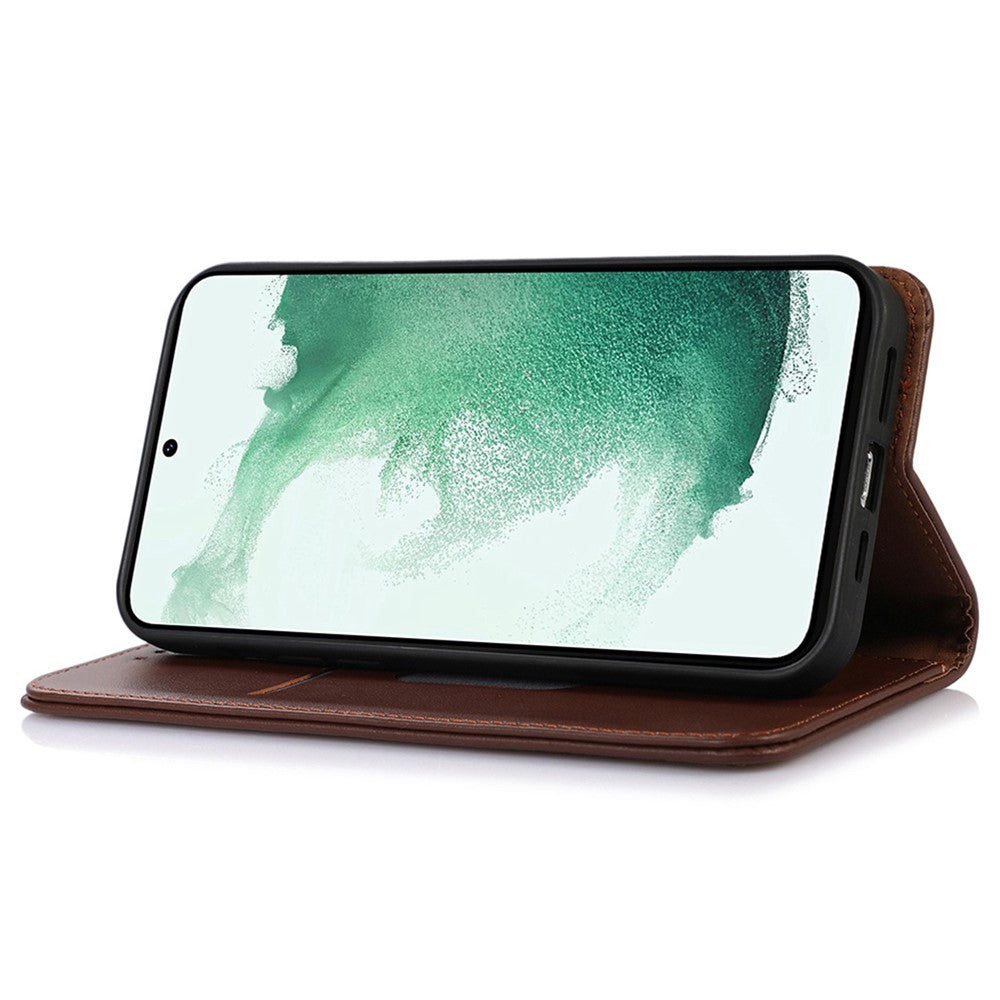 KHAZNEH For Samsung Galaxy M13 4G Genuine Cowhide Leather Nappa Texture Folio Flip Case Phone Wallet Stand Cover - Brown