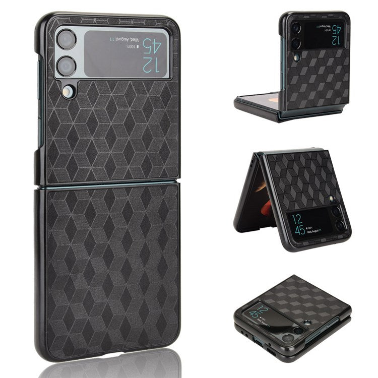 For Samsung Galaxy Z Flip4 5G Anti-scratch Rhombus Imprinted Folding Phone Case Anti-drop PU Leather Coated PC Cover - Black