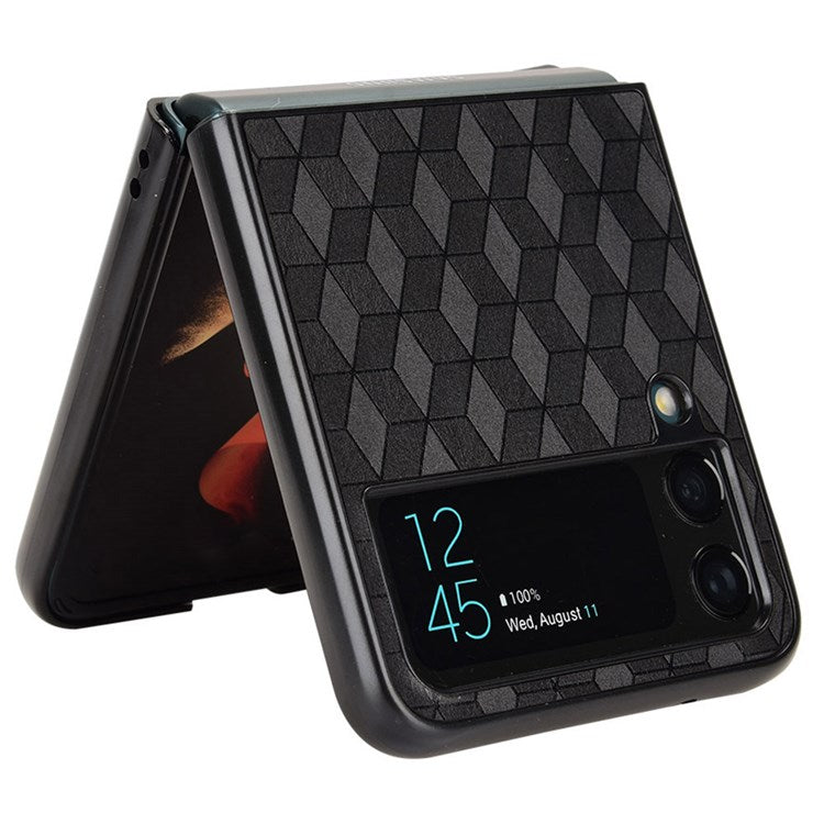 For Samsung Galaxy Z Flip4 5G Anti-scratch Rhombus Imprinted Folding Phone Case Anti-drop PU Leather Coated PC Cover - Black