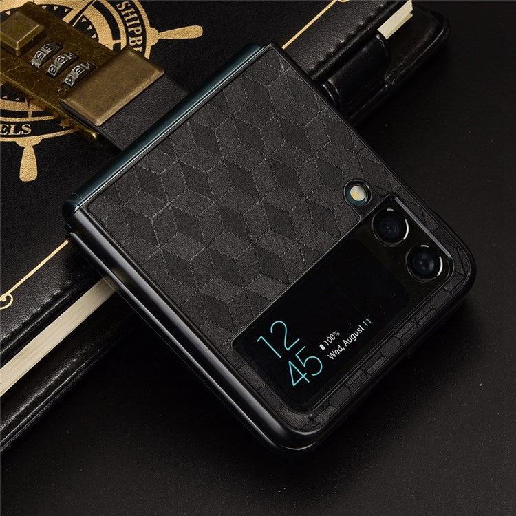 For Samsung Galaxy Z Flip4 5G Anti-scratch Rhombus Imprinted Folding Phone Case Anti-drop PU Leather Coated PC Cover - Black