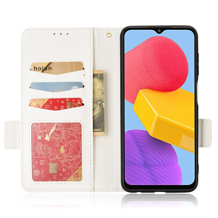 For Samsung Galaxy M13 4G PU Leather Litchi Texture Phone Case Stand Function Dual Magnetic Clasp Flip Wallet Cover - White