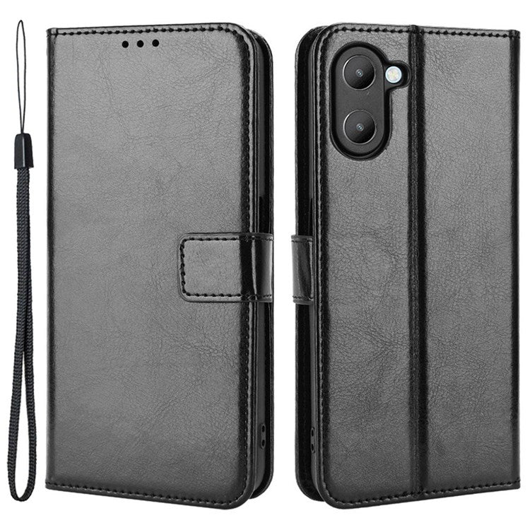 For Realme V20 5G Drop-proof Phone Wallet Case Anti-scratch Crazy Horse Texture PU Leather Stand Cover Protective Shell - Black