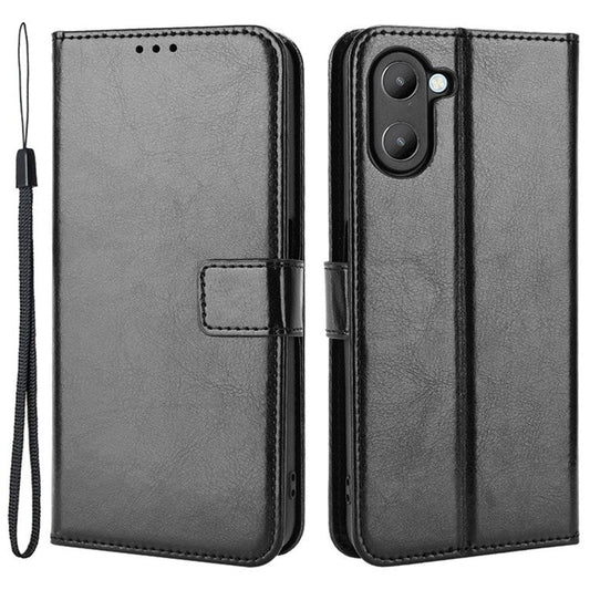 For Realme V20 5G Drop-proof Phone Wallet Case Anti-scratch Crazy Horse Texture PU Leather Stand Cover Protective Shell - Black