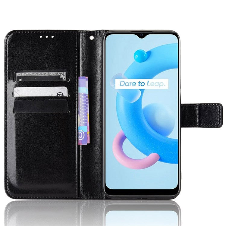 For Realme V20 5G Drop-proof Phone Wallet Case Anti-scratch Crazy Horse Texture PU Leather Stand Cover Protective Shell - Black