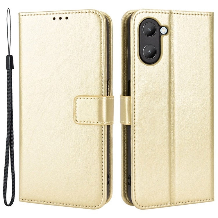 For Realme V20 5G Drop-proof Phone Wallet Case Anti-scratch Crazy Horse Texture PU Leather Stand Cover Protective Shell - Gold
